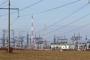 Man-made landscape, high-voltage power lines. Wires at the power plant.