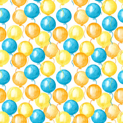 Watercolor seamless pattern with beautiful balloons. Festive background. Blue, orange and yellow colorful balloons on a white background.