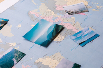 Fototapeta na wymiar Close-up of beautiful remarkable places marked on world map, preparing for trip concept