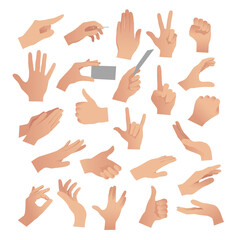 Gesturing. Set of hands in different gestures , hand showing signal or sign collection, on white background isolated vector illustration