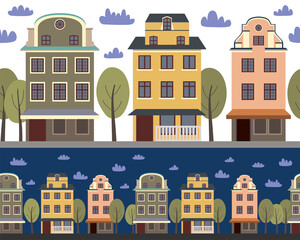 Obraz premium Vector border with houses. Street with colorful houses, trees and clouds on a white background.