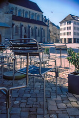 Metallic empty chairs of a closed restaurant during the coronavirus lockdown in Zurich