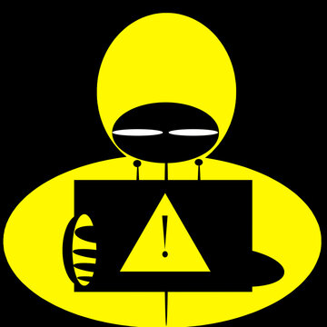 vector image of programmer hacker bent over device with highlighted alerting icon sign for an unsuccessful intervention in software of android system, 