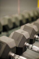 Rows of black dumbbells in the workout gym in high resolution and urban style.