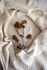 Getrocknete Disteln auf einem beigen Pullover