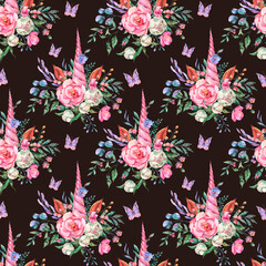 Watercolor floral unicorn seamless pattern on white background