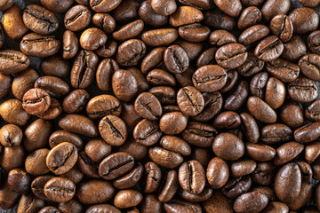 Black coffee background. Caffeine espresso beans for breakfast dark drink in cup. Cafe food. Assorted ground and instant brown roasted coffee seeds on stone. Copy space, top view