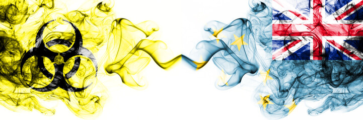Fototapeta premium Tuvalu, Tuvaluan Quarantine. Coronavirus COVID-19 lockdown. Smoky mystic flag of Tuvalu, Tuvaluan with biohazard symbol placed side by side.