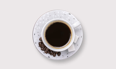 Coffee in a cup on a plate on a white background