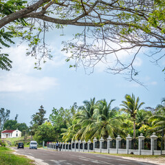 Road to a small quaint Church along asphalt country main street in rural Caribbean town. Tall coconut palm trees on property behind modern fence wall. Vehicles drive on left side of two lane roadway.