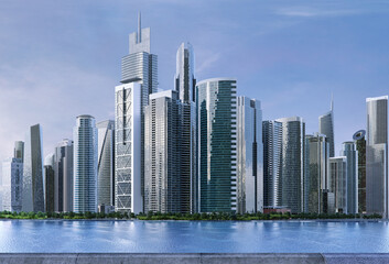 Abstract urban cityscape skyline view with modern office and apartment  buildings skyscrapers, park trees, river under a blue sky. 3d city architecture metropolis landscape background design concept