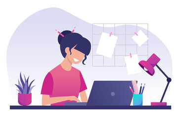 A girl with dark hair works on a laptop. Work from home. Freelance. Stay at home. Vector flat illustration.