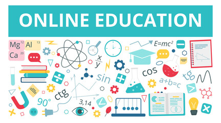 Fototapeta na wymiar Horizontal banner with icons for education, infographics design, web elements. Online education concept. Physics, chemistry, mathematics school subjects. Vector illustration in flat style
