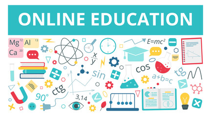 Fototapeta premium Horizontal banner with icons for education, infographics design, web elements. Online education concept. Physics, chemistry, mathematics school subjects. Vector illustration in flat style