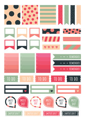 Stickers for Digital Planner. Vector Set of printable stickers for planner. Ribbons, quotes, arrows and other.