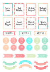 Stickers for Digital Planner. Vector Set of printable stickers for planner. Ribbons, quotes, arrows and other.