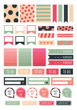 Stickers For Digital Planner. Vector Set Of Printable Stickers For Planner. Ribbons, Quotes, Arrows And Other.