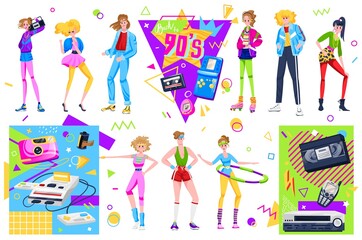 Retro disco people vector illustration set. Cartoon flat woman man dancer characters dancing in fashion clothes and hairstyles in 90s style, retro disco pop music party elements isolated on white