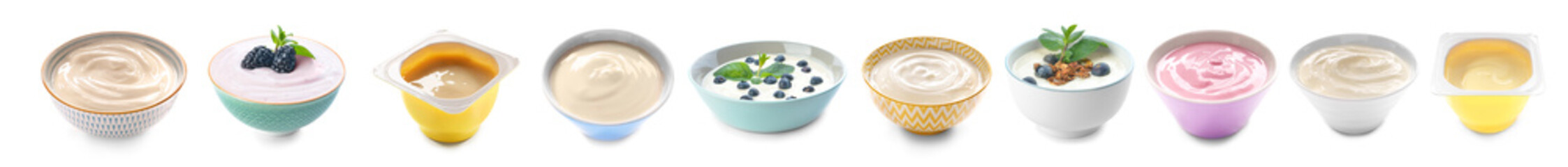 Different tasty yogurts on white background