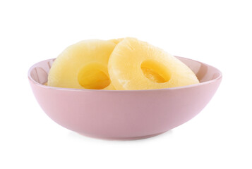 Delicious canned pineapple rings in bowl on white background