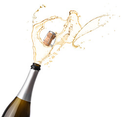 Open bottle of champagne with splash on white background