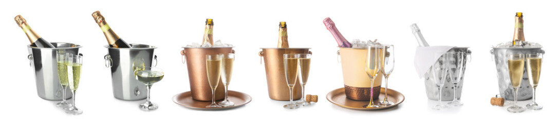 Buckets with bottles and glasses of champagne on white background