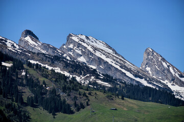 Gebirgslandschaft in Wildhaus in der Schweiz bei strahlend blauem Himmel 7.5.2020