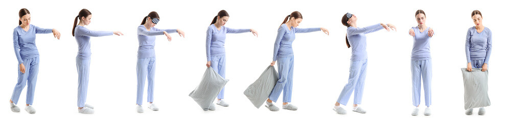 Set of female sleepwalker on white background