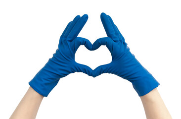 A female doctor in blue medical gloves makes a heart out of her hands. Heart made of hands in blue medical gloves isolated on white background. Thanks to health workers and medical staff concept