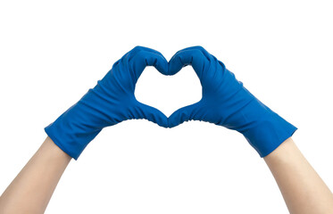 Heart made of blue medical gloves. Isolated on white background. Thanks to health workers concept, medical staff concept. Thank you healthcare heroes concept. Please stay safe concept
