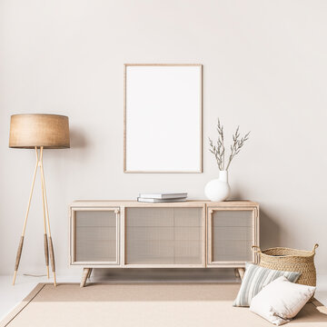 Mock up frame in white trendy living room interior on beige background with rattan basket, floor lamp and wooden furniture, 3d render