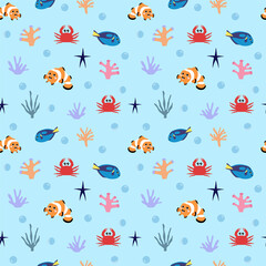 Vector seamless pattern of cute tropical fish.