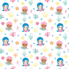 Vector seamless pattern of cute mermaids and coral.