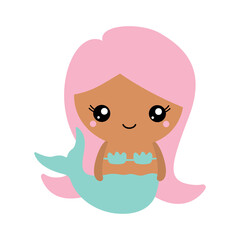 Vector illustration of a mermaid with pink hair with a cute face. Simple, flat, kawaii style.