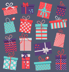 set of different presents for holiday on dark background