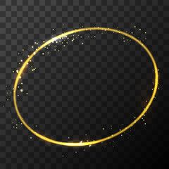 Vector stock gold glitter shine magic round circle frame. Glowing neon sparkle golden border effect on dark transparent background. EPS 10.