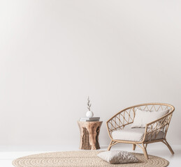 Mock up wall in Scandinavian living room design, home decor with rattan armchair and natural wooden table on empty bright background - obrazy, fototapety, plakaty