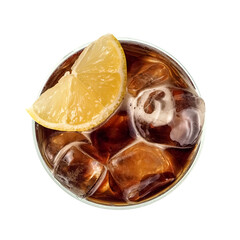Cola with ice and lemon slice, top view