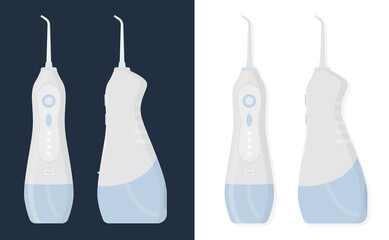 Flat vector illustration of oral irrigator tool. Electric waterpick to clean your mouth and teeth from food and dental plaque. Personal hygiene product.