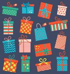 set of different gifts for holiday on dark background