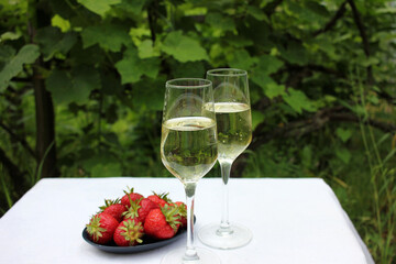 Summer party outdoors. Two glasses of champagne and a plate of fresh strawberries on a table in the garden on the grape leaves background. Romantic dinner
