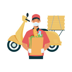 Delivery man with mask motorcycle bag and boxes vector design