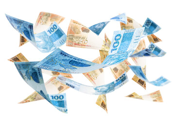fifty-one hundred reais bank notes falling, money from Brazil on