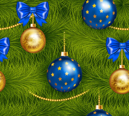 Realistic christmas tree seamless with traditional cyan and gold christmas ball, bow and others christmas decorations with snow.