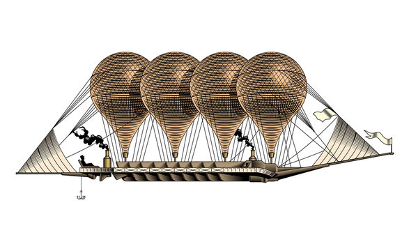 Vintage airship, aerostat, hot air balloon or zeppelin, vector illustration.