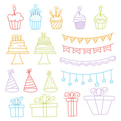 Set of Hand drawn Birthday Doodles.