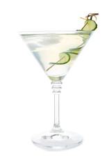 Glass of tasty cucumber martini on white background