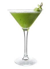 Glass of tasty cucumber martini on white background