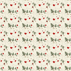 Seamless new year pattern with painted Christmas trees and hearts on beige base. Background for wrapping paper for gifts or fabric prints