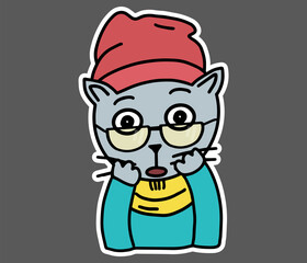 Hipster Cat with glasses, clothes, hat, scarf, and sweater in the awe. Flat style sticker for t-shirt, sweatshirt, banner, poster, postcard.